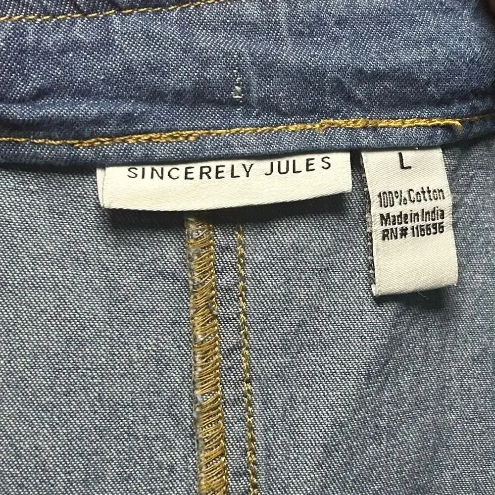 Sincerely Jules Denim Jumpsuit Blue L Wide Leg Button Front Y2K - Picture 4 of 16